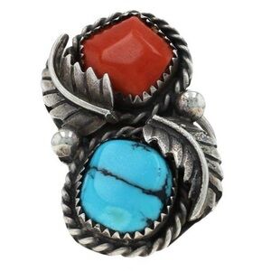 Vintage Native American Navajo Turquoise Coral Two-Stone Ring Sterling 925